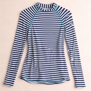 Boden Blue White Stripe Rash Guard Long Sleeve Swim Top UV Woman 6 Nautical FLAW